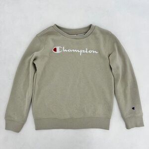 Champion Kids Size 7 Pullover‎ Sweatshirt Beige Spellout Embroidered Crew Neck